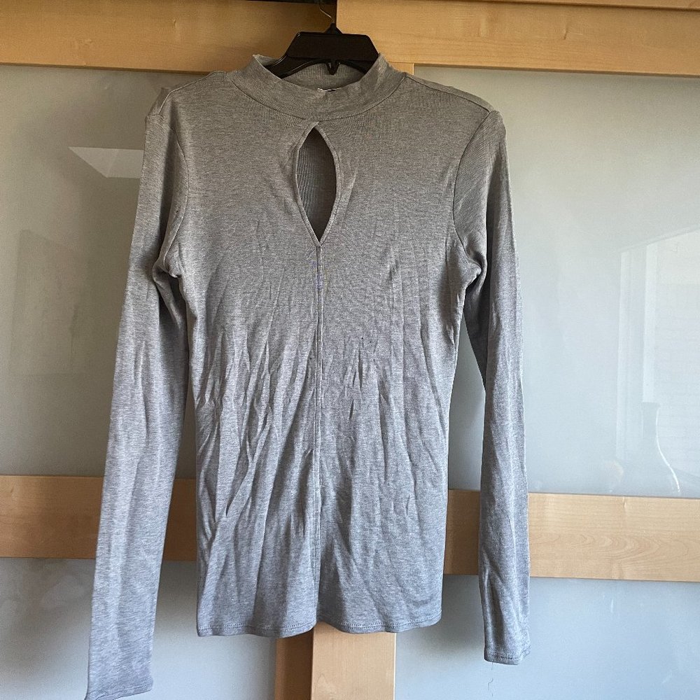 FRAME Denim Silk Gray Cutout Mock Neck Long Sleeve Silk Blouse
